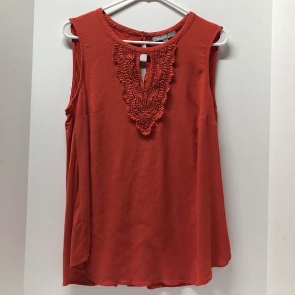 Daniel Rainn Red Orange Quin Keyhole Lace Top - Picture 1 of 10